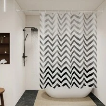 1 pieza Cortina de ducha con patrón ondulado en blanco y negro, cortina divisoria de baño, disponible en múltiples tamaños, fácil instalación con ganchos incluidos - Ondas blancas y negras - Ver 2