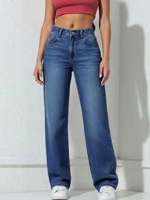 Jeans de talle alto, pierna recta, lavado casual,Pantalones de de Denim Elástico Azul Marino Elegante con Diseño Clásico de Cinco Bolsillos, Tejido de Poliéster Cómodo para Uso Diario - 2016 - Ver 3