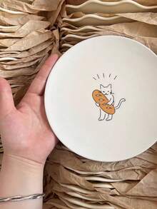 1pc Ceramic Bread Cat Plate, Cute 3D Embossed Bread Cat Ceramic Dessert/Breakfast Plate, Underglaze Colored Tableware, Suitable For Living Room, Dining Room, Dessert Shop, Gift, Gathering - Red and White - View 5