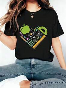 Camiseta de moda femenina de verano de manga corta camiseta de moda casual al aire libre 'love' estampado camiseta casual femenina con patrón relajado - Negro - Ver 2