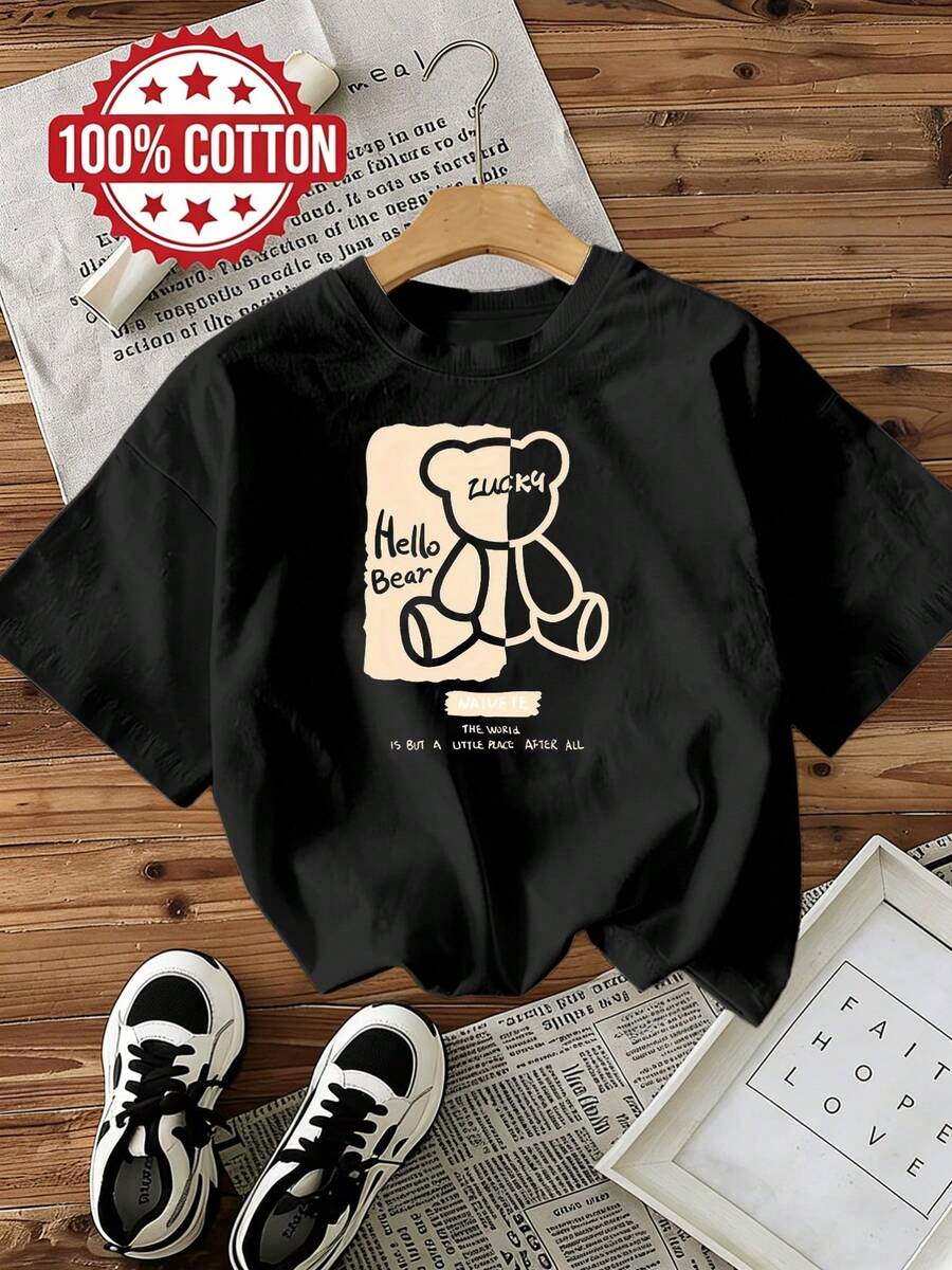Damt-t-shirt med kort ärm och rund hals, lös passform, avslappnad passform, 100 % bomull, bekväm och andningsbar, maskintvättbar, lätt att sköta, med ett sött "Hello Bear"- och björntryck, rolig design, ny sommarkollektion 2026. - Svart - Visa 1