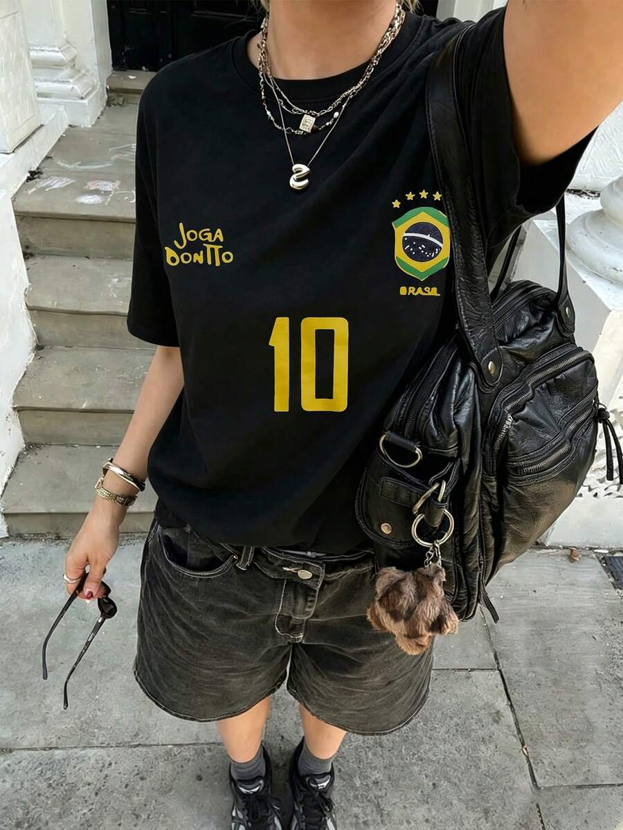 Women's Summer Fashion Short Sleeve T-Shirt Casual Outdoor Fashion 'Letter' Printed Loose Casual Women's T-Shirt - 黑色 - 查看 1