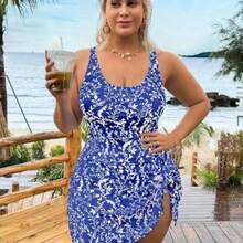 Swim Lushore Plus Size Women's Leaf Print Adjustable Strap Round Neck One-Piece Swimsuit With Triangle Bottoms, Elegant Sexy Casual Beach Vacation Outfit For Summer - azul real - Ver 1