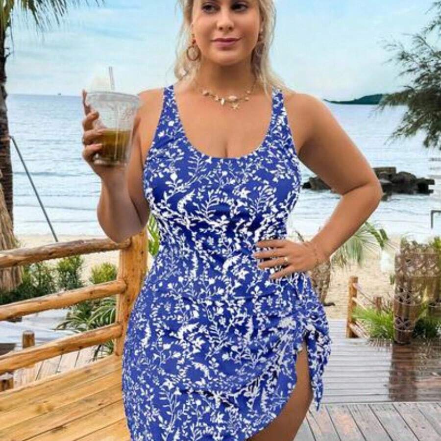 Swim Lushore Plus Size Women's Leaf Print Adjustable Strap Round Neck One-Piece Swimsuit With Triangle Bottoms, Elegant Sexy Casual Beach Vacation Outfit For Summer - azul real - Ver 1