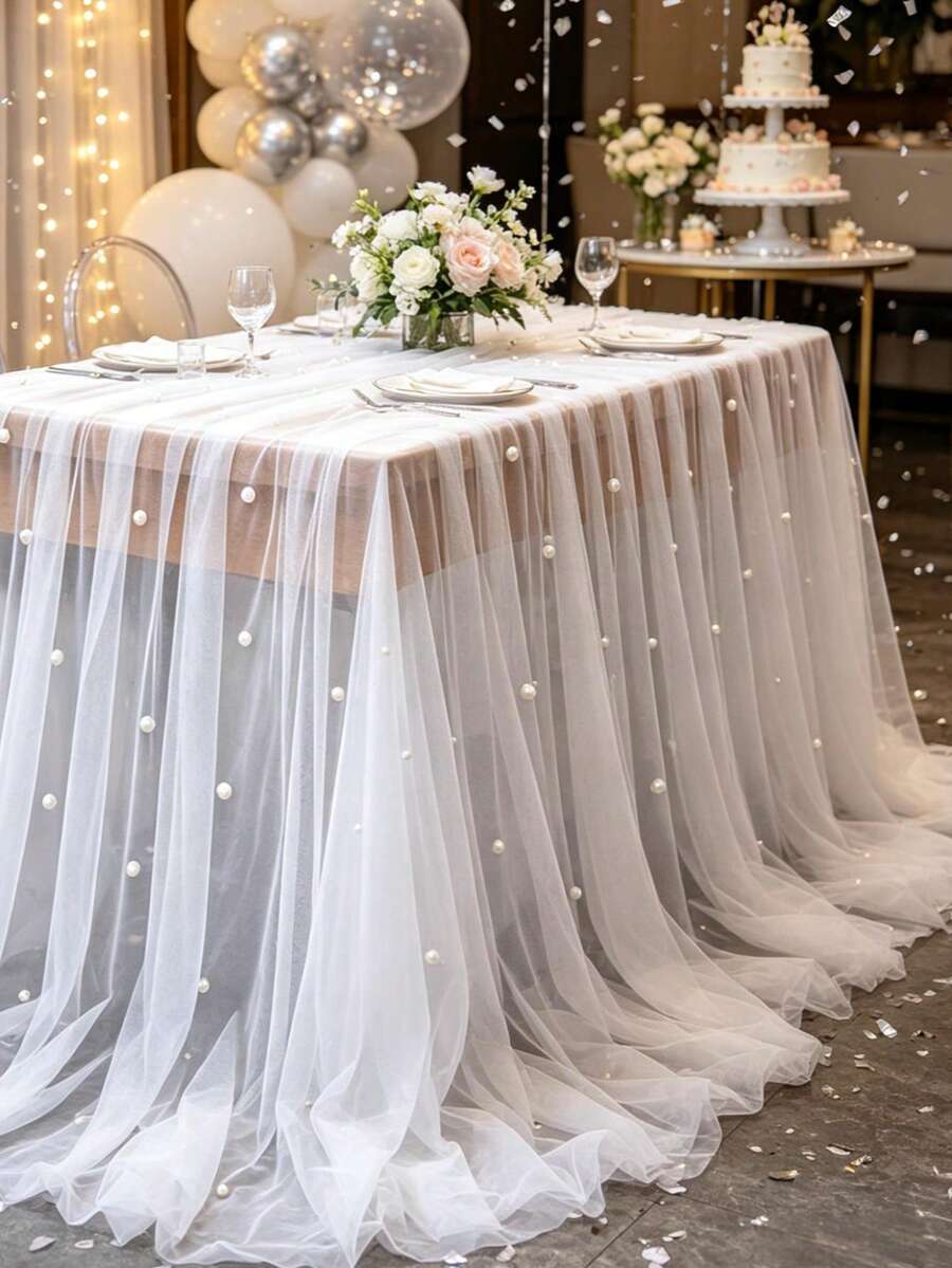 1 peça Caminho de mesa em malha perolada branca, ideal para festa de aniversário, como toalha de mesa, decoração de aniversário, artigos para festa de aniversário, presente de aniversário, lembrancinhas, decoração de casamento, decoração para meninas, chá de bebê, festa de revelação de gênero, chá de panela, decoração de casa, decoração de quarto, capa de mesa para cozinha, tecido para arco de casamento faça você mesmo, toalha de mesa para casamento