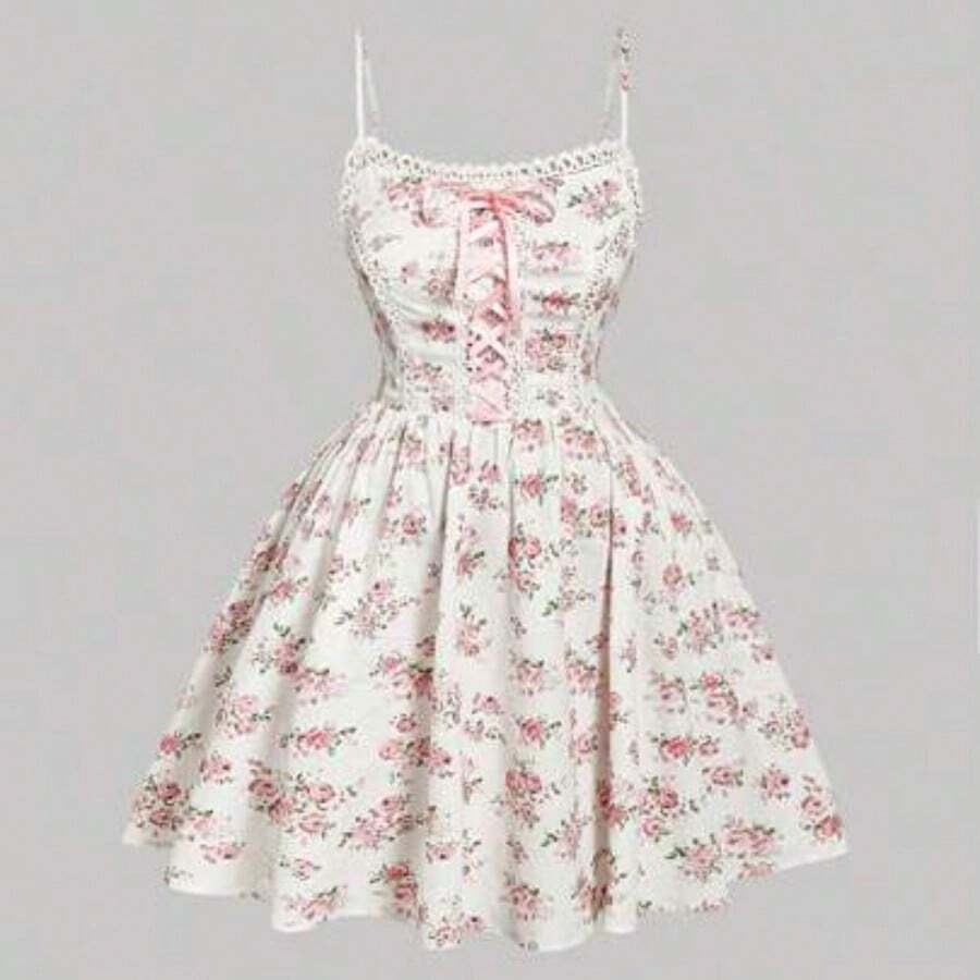 MOD Floral Print Ruffle Trim Plus Size Camisole Mini Dress For Women,Romantic Lace, Pink Straps,Afternoon Tea Dress,Beach Dress Sundress,Holiday Outfits Boho - Multicolor - Ver 1