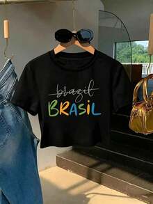 Black Cropped Short-Sleeve Top - The Handwritten Word "Brazil" Is Crossed Out With A Horizontal Line, Paired With Large Colorful Lettering "BRASIL" In Green, Orange, Blue And Red Tones. It Forms A National-Themed Textual Art Pattern, A Popular Women's Summer Outfit, Featuring An Ultra-Short Slim-Fit Short-Sleeve Top (Including Style E Silhouette) - màu đen - Xem 10