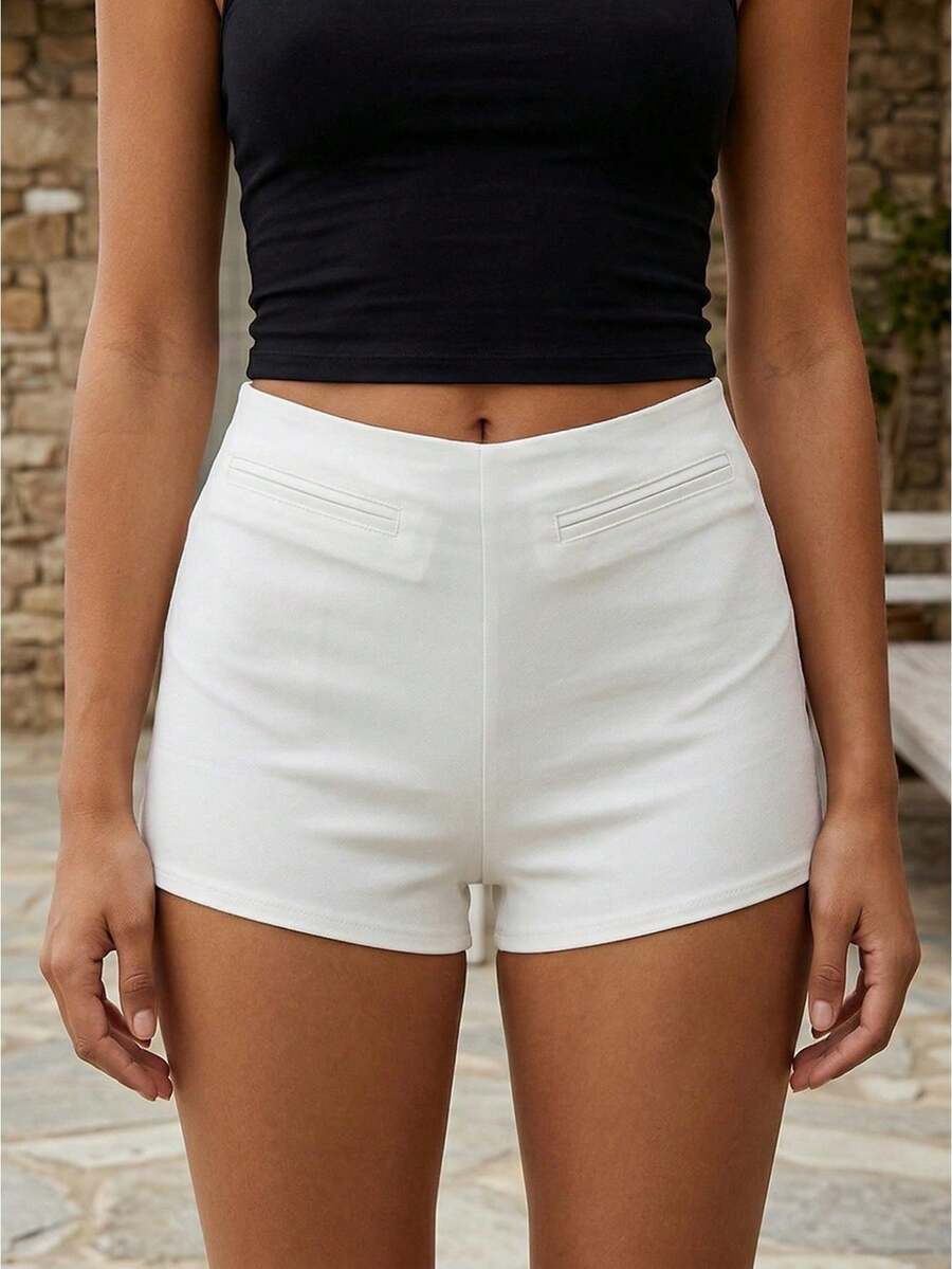 Women Slim Fit Shorts With Pockets Elegant Solid Color Low Rise Mini Shorts For Summer Beach Daily Wear - White - View 1