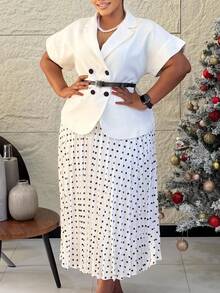 Nuevo Conjunto Estilo Europeo Americano Cuello de Traje Top Manga Corta con Falda Plisada Lunares - Blanco + cinturón - Ver 1