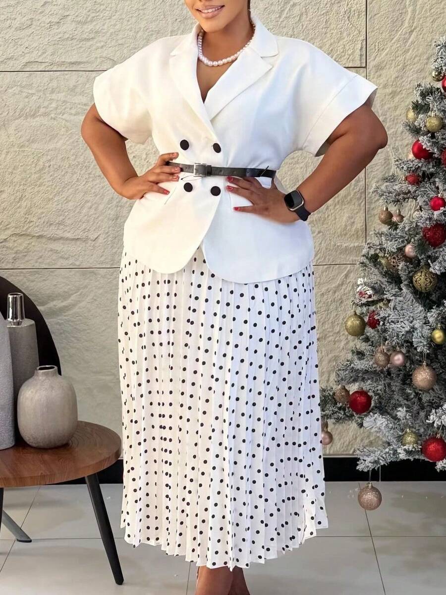 Nuevo Conjunto Estilo Europeo Americano Cuello de Traje Top Manga Corta con Falda Plisada Lunares - Blanco + cinturón - Ver 1