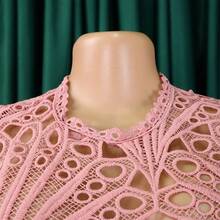 New 2026 Women's Solid Color Lace Crochet Hollow Out Ruched Dress - Pink - View 4