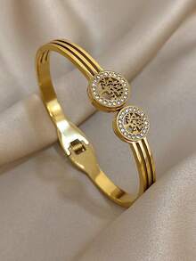 1pc Double Layer Life Of Tree Bangle Bracelet For Women Hollow Stainless Steel Golden Bangle Bracelet For Mother Day Valentine Party Vacation Festival Jewelry Gifts - Multicolor - View 8
