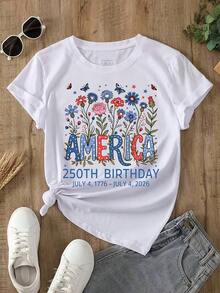 Camiseta de manga corta para mujer con la inscripción "250º Aniversario de la Independencia de Estados Unidos 4 de julio 1776-2026" - Corte holgado y suave, ideal para el Día de la Independencia, con cuello redondo y elástica, adecuada para la celebración del cuarto millonésimo aniversario de Estados Unidos (ropa casual) Camiseta de verano. - Blanco - Ver 1