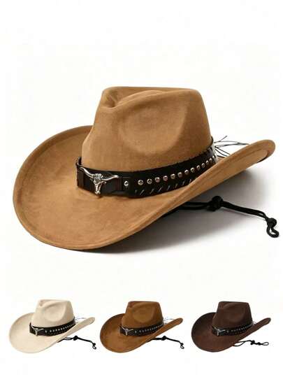 Vintage Faux Suede Western Cowboy Hat For Women Men, Wide Brim Cowgirl Hat With Bull Head Buckle, Retro Sun Hat For Beach Travel Party Daily Wear