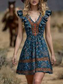 Women's Dress With Localized Print, New Spring-Summer 2026 Collection - Medium Wash - View 4