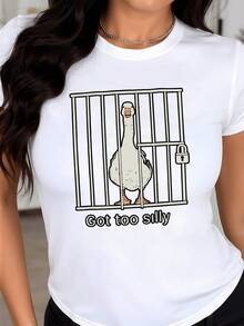 A Funny Goose Behind Bars Symbolizes Free Humor And Playful Rebellion, Inviting You To Smile And Stand Out With A Touch Of Charming Irony. A Modern And Comfortable Casual Women's T-Shirt For Everyday Wear. - 白色 - 查看 1