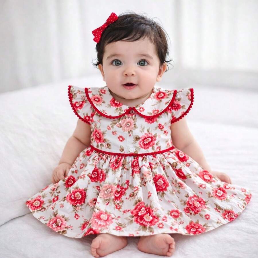 Girl's Dress With Delicate Floral Print, Classic Peter Pan Collar, Ruffles, Short Sleeves, Elegant Pom-Poms, Full Skirt, Comfortable Soft Cotton, Premium Fabric, Party, Birthday, Christening, Special Events, Charming Look, Children's Fashion, Princess Style, Casual Chic, Spring/Summer, Girls' Clothes, Comfort, Sweet, Blogger Look, Photography, Outing, Perfect Gift, Charming, Stylish, Floral Print - 紅色 - 查看 1