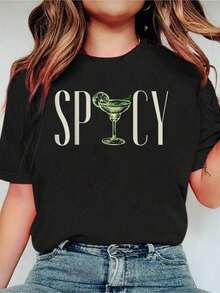 Casual Short Sleeve T-Shirt With Fun Spicy Daisy And Jalapeño Print, Sporty Style, Women's Casual Elegant/Urban Style Clothing - 黑色 - 查看 6