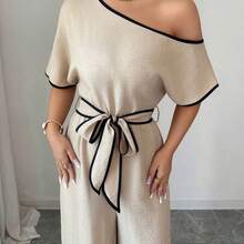 Casual Vacation Asymmetric Neck Textured Soft Elastic Waist Comfortable Flared Leg Pants, Khaki, Spring/Summer - Color caoba - Ver 7
