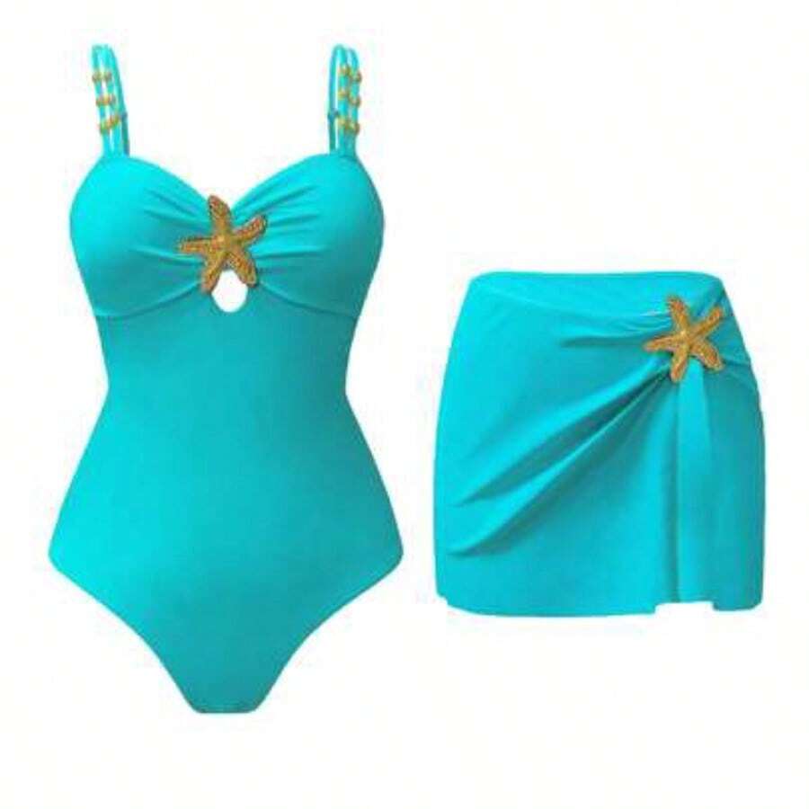 Swim Oasis 2pc Women's Cute Pentagram Decor Casual Vacation One-Piece Swimsuit Women's Swimwear Women's Swimsuits Tummy Control Women's Swimsuit 2 Pieces Pool Party Outfit For Women Swimsuit With Skirt - Azul menta - Ver 1