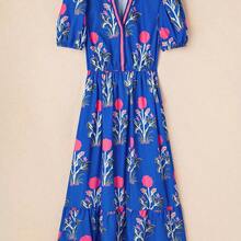 Acelitt Sky Blue Ditsy Floral Petal Sleeve V-Neck High Waist Maxi Dress Elegant Summer - Multicolor - Ver 5