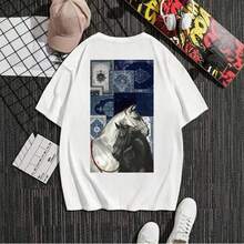 Camiseta de manga corta con estampado de caballo en blanco y negro estilo retro americano, unisex, estilo urbano, holgada y de gran tamaño, estilo para parejas. - Blanco - Ver 5