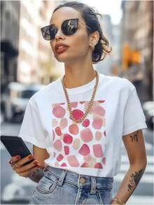 Camiseta de manga corta con estampado de lunares para mujer, en stock para envío internacional, nueva moda de verano, top casual de cuello redondo, camiseta de manga corta para mujer. - Negro - Ver 9