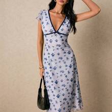 Women's Contrast Trim Cap Sleeve Fitted Midi Dress, Elegant Summer - Azul - Ver 2