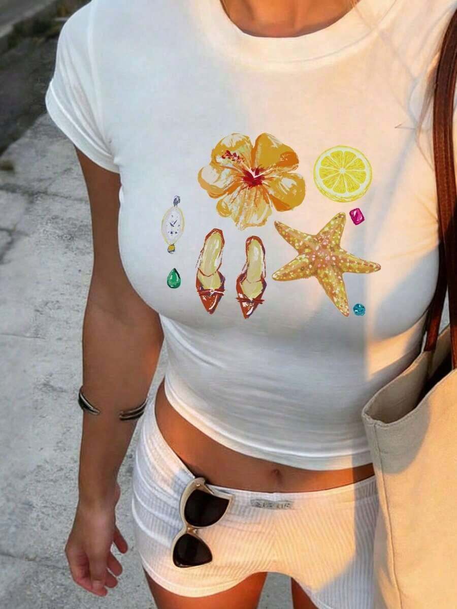 Women's Short-Sleeved T-Shirt With Slogan Print, Round Neck, Casual And Versatile Style, For Leisure Time. - 白色 15 - 查看 1
