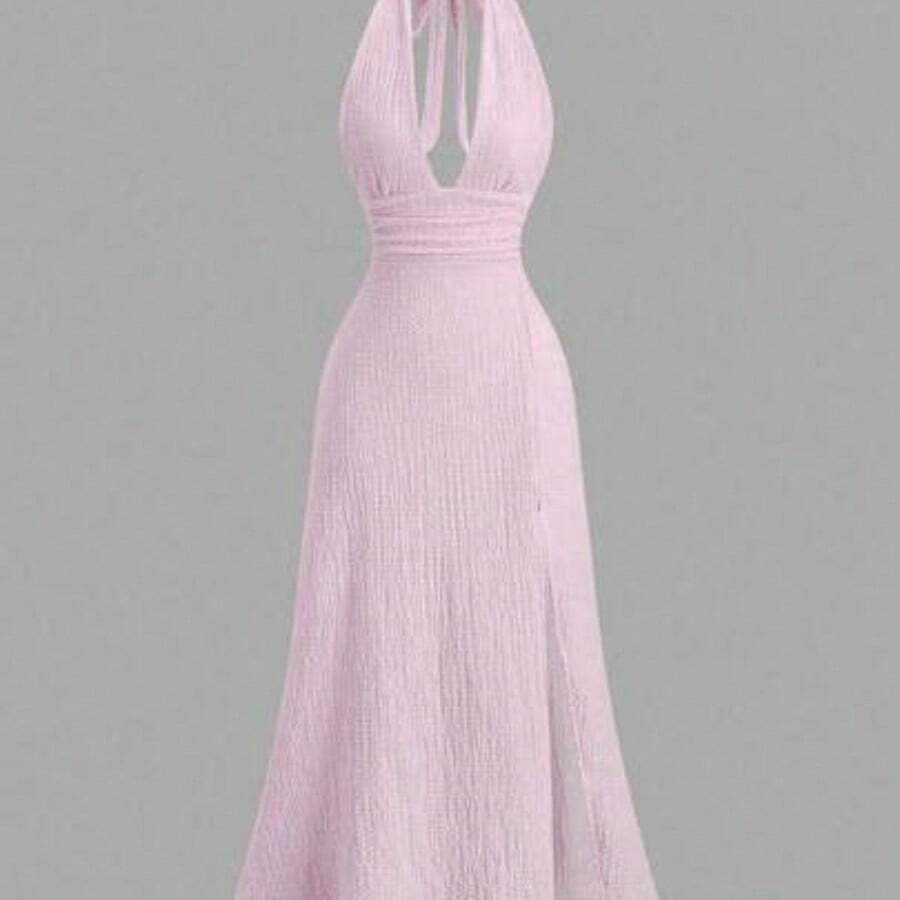 Sweetro Sexy Halter Deep V-Neck Backless Fitted Slit Solid Color Dress - Rosa chicle - Ver 1