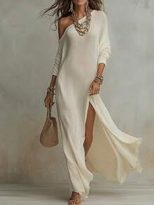 Women's Off Shoulder Knit Maxi Dress With Long Sleeves And High Slit - White - View 5