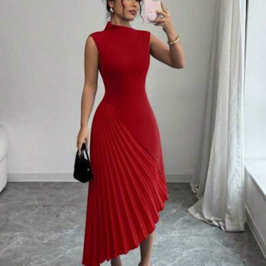 Elenzya Women's Elegant Fashionable Commute Casual Vacation Charming Party Sleeveless Asymmetric Collar Cinched Waist Fitted Uneven Hem Patchwork Solid Color Dress - Rojo - Ver 1