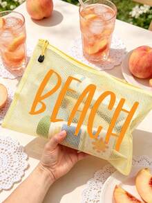 多色防水時尚網格海灘包，印有「Beach」字樣的化妝包，海灘主題。適用於乾濕物品，大容量透明化妝包，尼龍拉鍊盥洗包，輕巧，適合春夏收納，完美適用於游泳、海灘、潛水和夏季度假旅行，也適合學生返校。這款輕巧防曬收納包適合送給朋友、家人、好朋友、同學的禮物。生日、節日、派對、婚禮（伴娘）、母親節、教師節的完美禮物和紀念品 - 彩色 - 查看 4
