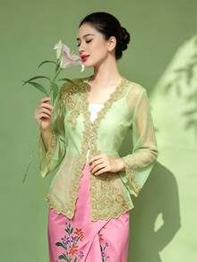 1pc Elegant Patchwork Button-Up Long Sleeve Cardigan Top For Women, Green Long Sleeve Cardigan Blouse - Green - View 4