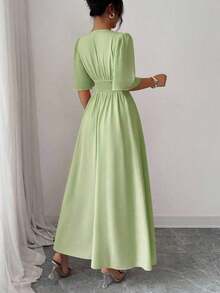 YHHElenzga Nuevo vestido casual, elegante y de vacaciones para mujer con diseño de cuello, cintura plisada, parche de gasa y mangas con volantesYHH - verde menta - Ver 2