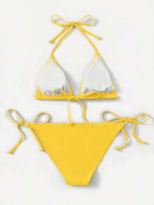 Women's Simple Solid Color Swim Bikini With A Halter Neck And Cutout, Suitable For Beach Vacations And Summer. - Light Yellow - View 2