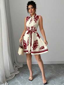 Elenzya Vestido corto sin mangas con botones delanteros y estampado vintage para vacaciones casual de mujer - Rojo - View 6
