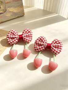 2pcs/Set Girls' Burgundy Cherry Hairclips, Vintage Sweet Bow Side Clips, Versatile Hair Accessories For Parties And Occasions - Multicolor - View 18