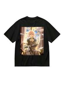 Women's Cotton T-Shirt Inspired By The Anime Violet Evergarden - Casual Short Sleeve Top With Printed Character Design, Black, Machine Washable, All Season Clothing, Regular Fit T-Shirt, Shiny Cotton Fabric, Soft And Skin Friendly Touch, Breathable And Anti-Deformation Design - 白色 - 查看 1