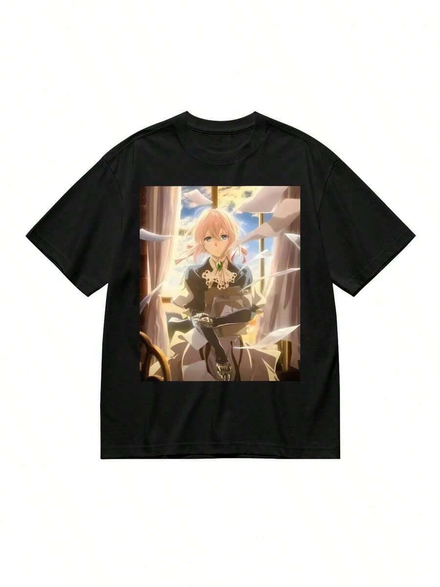 Women's Cotton T-Shirt Inspired By The Anime Violet Evergarden - Casual Short Sleeve Top With Printed Character Design, Black, Machine Washable, All Season Clothing, Regular Fit T-Shirt, Shiny Cotton Fabric, Soft And Skin Friendly Touch, Breathable And Anti-Deformation Design - 白色 - 查看 1