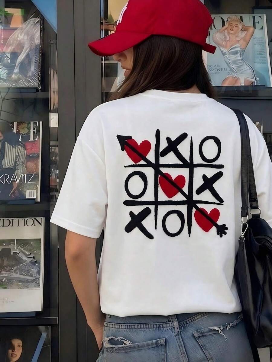 Women's Round Neck Printed Short Sleeve T-Shirt, Casual Loose Fit, Super Soft & Comfortable Fabric, Ins Street Fashion Style, Classic All-Match Graphic Tee, Breathable Lightweight Daily Basic Top, Perfect For Daily Wear, Casual Vacation, Office Commute, Outdoor Going Out, Weekend Gathering, Shopping And Leisure Activities, Ladies Oversized Casual Pullover T-Shirt - 白色 - 查看 1