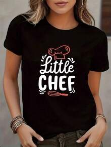 1 pieza de camiseta casual para mujer con estampado "Pequeño Chef" - Transpirable, de cuello redondo y manga corta, estampado rojo y blanco con diseño de gorra de chef y espátula, camiseta ligera de verano para atuendo casual, camiseta para uso diario. |   Camiseta con Diseño Divertido |   Ajuste cómodo 180g 100% algodón - Blanco - Ver 6