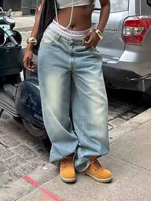 Blue Washed Jeans, American Casual Denim Style, Loose Wide Leg, Women's Fashion Spring/Summer - Light Blue - View 3