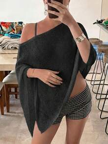 Áo khoác ngoài bikini mùa hè GLAMMY, áo dệt kim màu trắng tinh dễ thương dành cho nữ với thiết kế vạt bất đối xứng, chất liệu vải dệt kim sợi mịn bóng, nhẹ và thoáng khí, dáng hơi rộng, phù hợp với nhiều dáng người, áo mặc thường ngày cho kỳ nghỉ biển. - màu đen - Xem 6