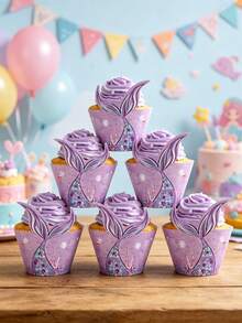 6pcs Purple Mermaid Tail Cupcake Decoration Set, Includes Cake Decoration Holder, Suitable For Mermaid Theme Birthday Party, Baby Shower Party, Children's Mermaid Party, Ocean Theme Cake Decoration - Mermaid - View 4
