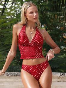 Top ajustado sin mangas con tirantes finos, escote en V y estampado de lunares, un top de bikini de verano a la moda - Rojo y blanco - Ver 3