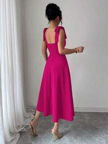 elegante y romántico para mujer con lazo decorativo en la cintura y corte evasé sin mangas - Rosa Fucsia - Ver 2