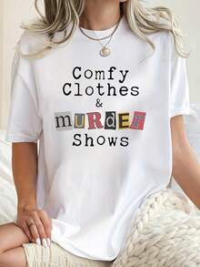 Camiseta de manga corta y cuello redondo para mujer, estilo minimalista, top deportivo casual para una vacación de verano cómoda - Blanco - Ver 6