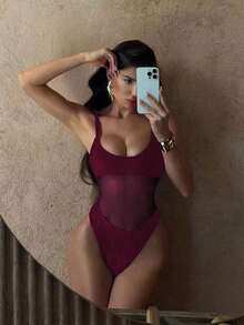 Traje de baño de una sola pieza para mujer con diseño de unicolor, tirantes, parches de malla, sexy y con recortes, estilo bohemio para festivales - Burdeos 2 - Ver 8