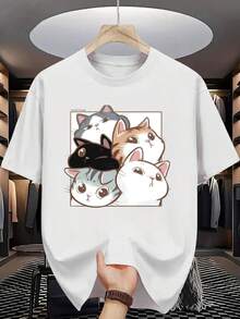 Camiseta de manga corta con gatos de dibujos animados, escena cálida, que muestra la belleza de los gatos, para salidas diarias, reuniones de amantes de los gatos, ideal para amantes de los gatos - Negro - Ver 6